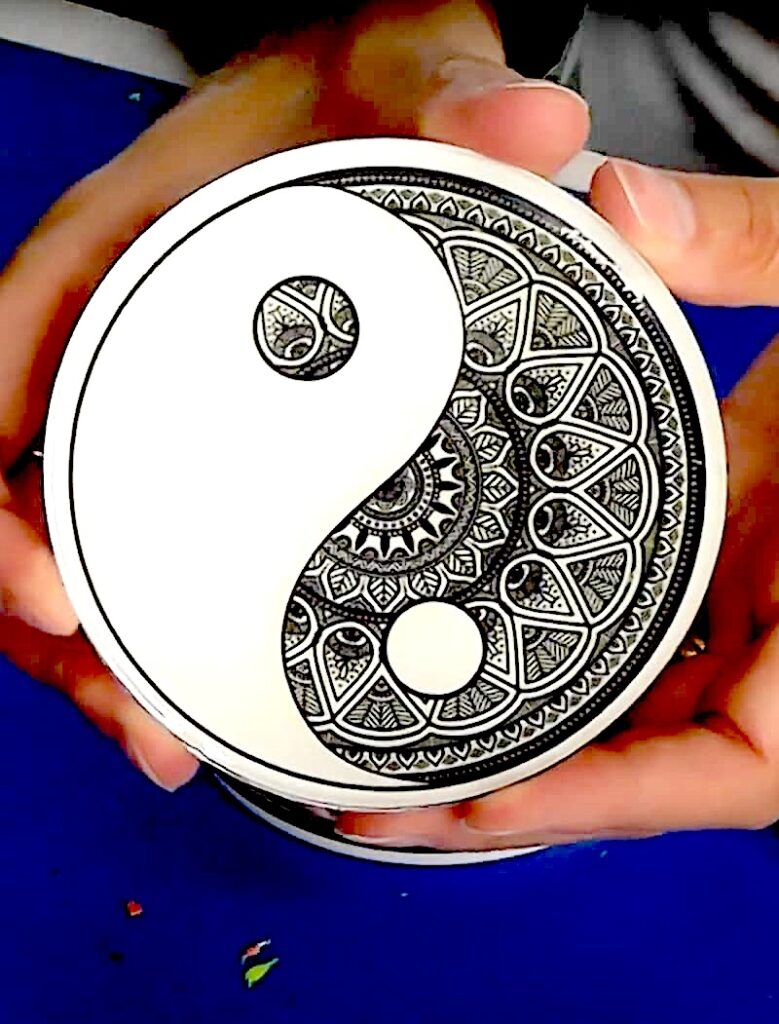 Yin Yang black and white mandala art coaster