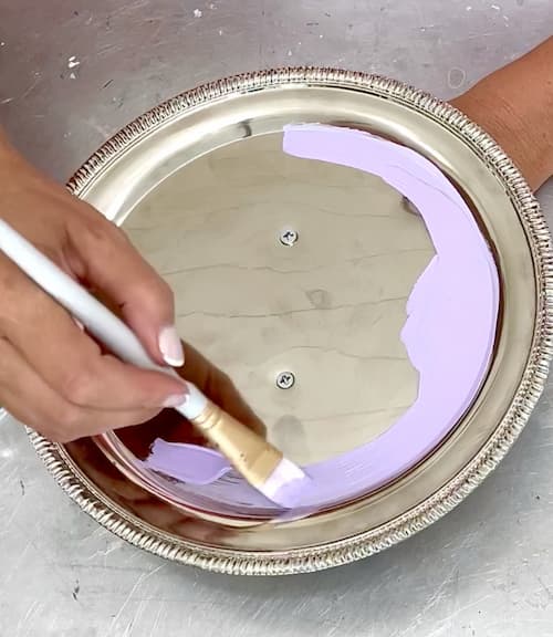 Painting round silver tray purple