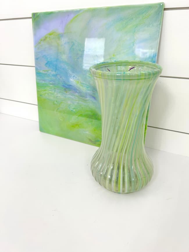 Green, blue and purple resin vase and canvas set
