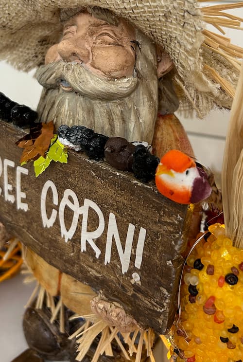 Close up of scarecrow gnome with sign and birds perched on his free corn sign