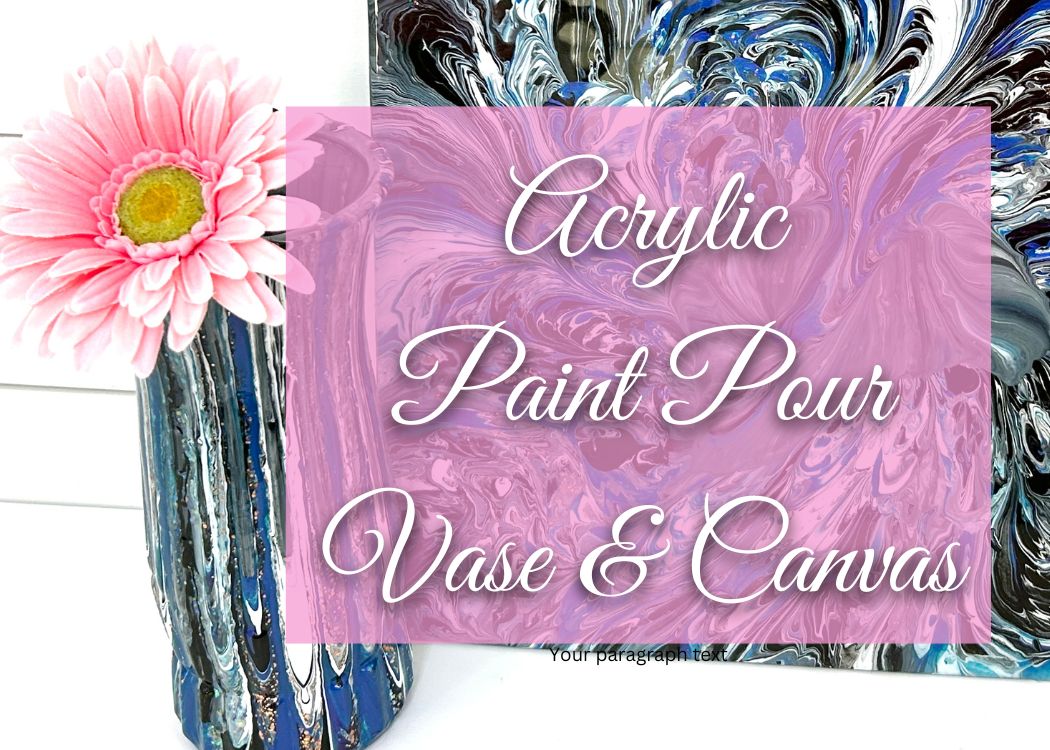 Acrylic paint pour vase and canvas | vase has pink gerber daisiy in it