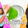 Craft or Crap challenge image with Mona on the left holding her glue gun and Chas on the right holder her glue gun. In the middle there is a green liquid being stirred