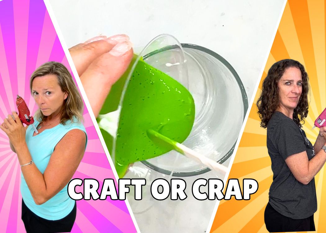 Craft or Crap challenge image with Mona on the left holding her glue gun and Chas on the right holder her glue gun. In the middle there is a green liquid being stirred