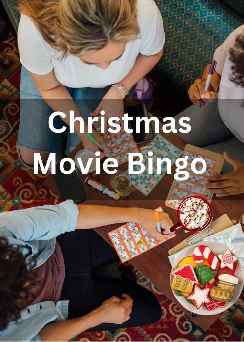 Christmas movie bingo three ladies playing bingo with hot cocoa and christmas cookies