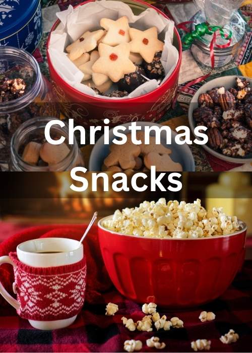 Christmas snacks popcorn, hot cocoa and Christmas cookies