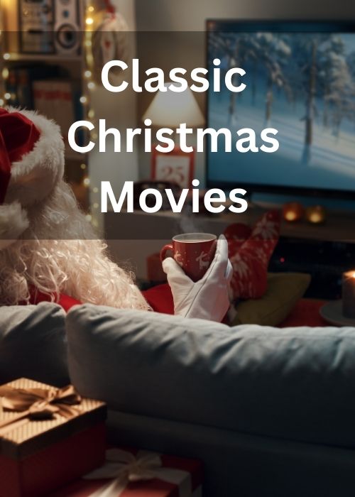 Classic christmas movies santa sitting on the couch with hot cocoa watching tv