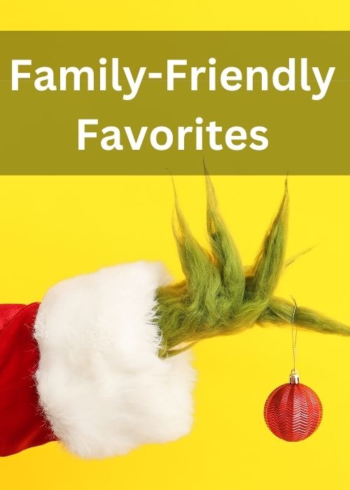 Family-friendly favorites grinch hand holding red christmas ornament