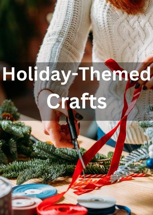 Holiday-themed crafts lady cutting a red ribbon with pine greens in background