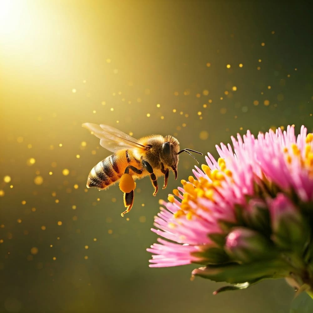 Bee with pink flower kicking up pollen